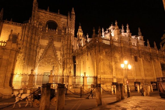 Sevilla Katedrali'nin gece görünümü.