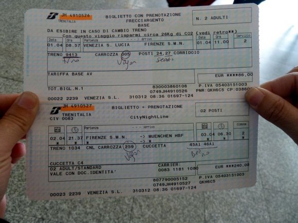 Venedik->Floransa ve Floransa->Münih tren biletlerimiz