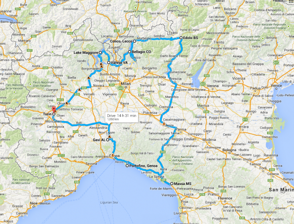 Kuzeybatı İtalya'da yaptığımız yaklaşık rota.