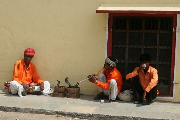 Jaipur, Jantar Mantar Gözlemevi'nin çıkışındaki kobra  oynatıcıları.