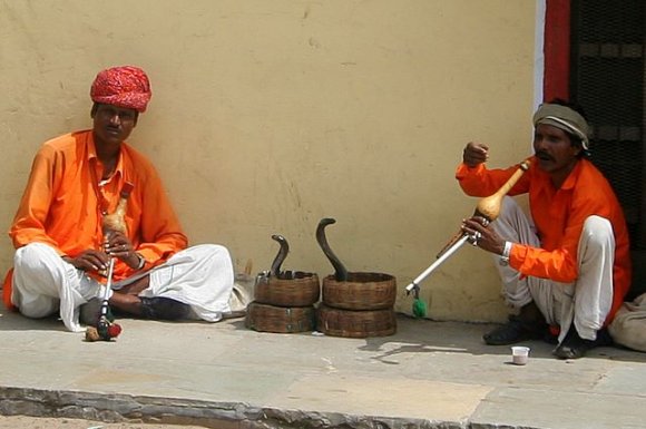 Jaipur, Jantar Mantar Gözlemevi'nin çıkışındaki kobra oynatıcıları. Eliyle para işareti yapıyor :)